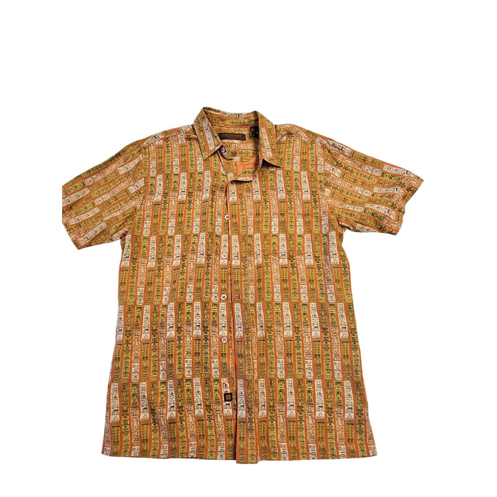 Tori Richard Silk Lyocell Tiki Totem Print Shirt Mens Small Orange Yellow S/S‎
